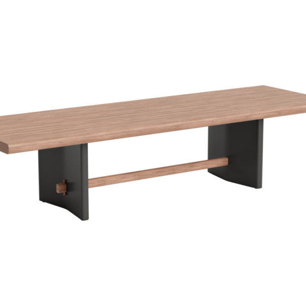 FITZ ROY kerti étkezőasztal 310 × 100 cm – Dining table Fitz Roy, lava aluminium frame, robust teak table top, 310x100 cm, front left, top and base in view.