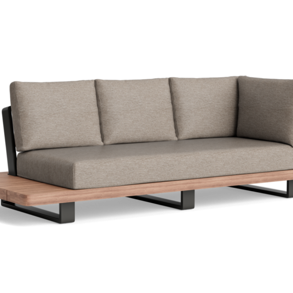 FITZ ROY lounge kanapé – chaise longue jobbos – Lounge sofa Fitz Roy, lava aluminium frame, robust teak table top, soltex beige cushion fabric, front left, the full width in view.