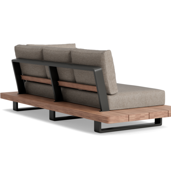 FITZ ROY lounge kanapé – chaise longue jobbos – Loungebank Fitz Roy, lava aluminium frame, robuust teak tafelblad, soltex beige kussenstof, rechtsachter, de volle breedte in beeld.